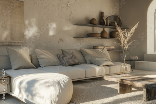 Interior of light living room with sofa and pillows in natural colors. Generative AI