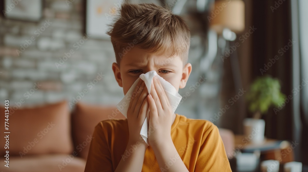 Boy blowing his nose with a tissue in the living room at home. Flu concept Boy blowing his nose with a tissue in the living room at home. Flu concept