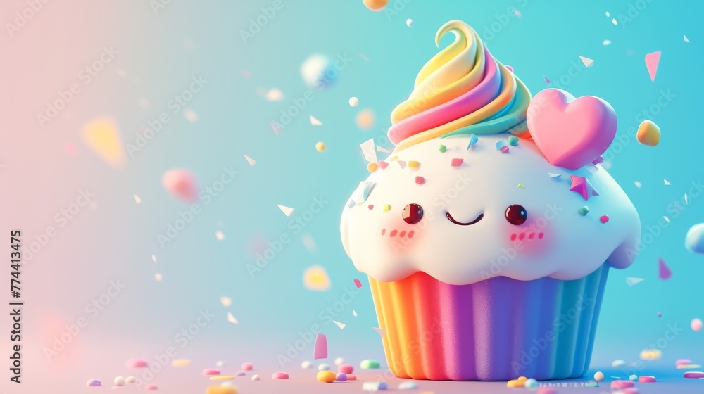 A cute fun colorful cartoon cupcake with a blue gradient background and copy space. In style of 3d rendering, blender, and C4D. Birthday celebration, greeting and kid's party event concept. A cute fun colorful cartoon cupcake with a blue gradient background and copy space. In style of 3d rendering, blender, and C4D. Birthday celebration, greeting and kid's party event concept.