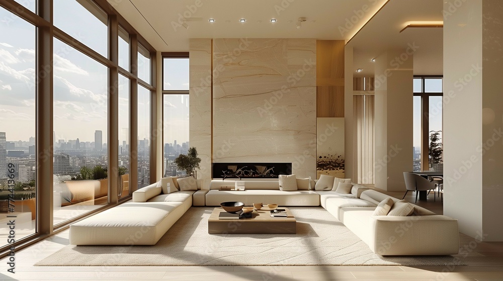 Luxurious Modern Living Room with White Sectional and Marble Accents, generative ai