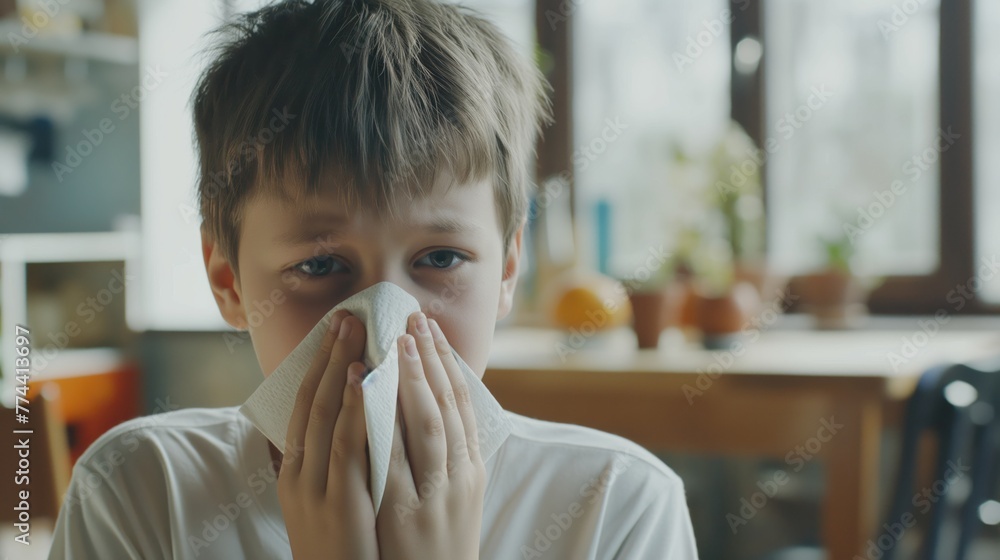 Boy sneezing into tissue in kitchen at home. Disease concept Boy sneezing into tissue in kitchen at home. Disease concept