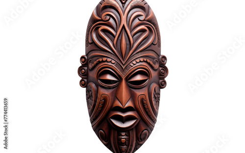 A wooden mask adorned with intricate designs, showcasing craftsmanship and mystery