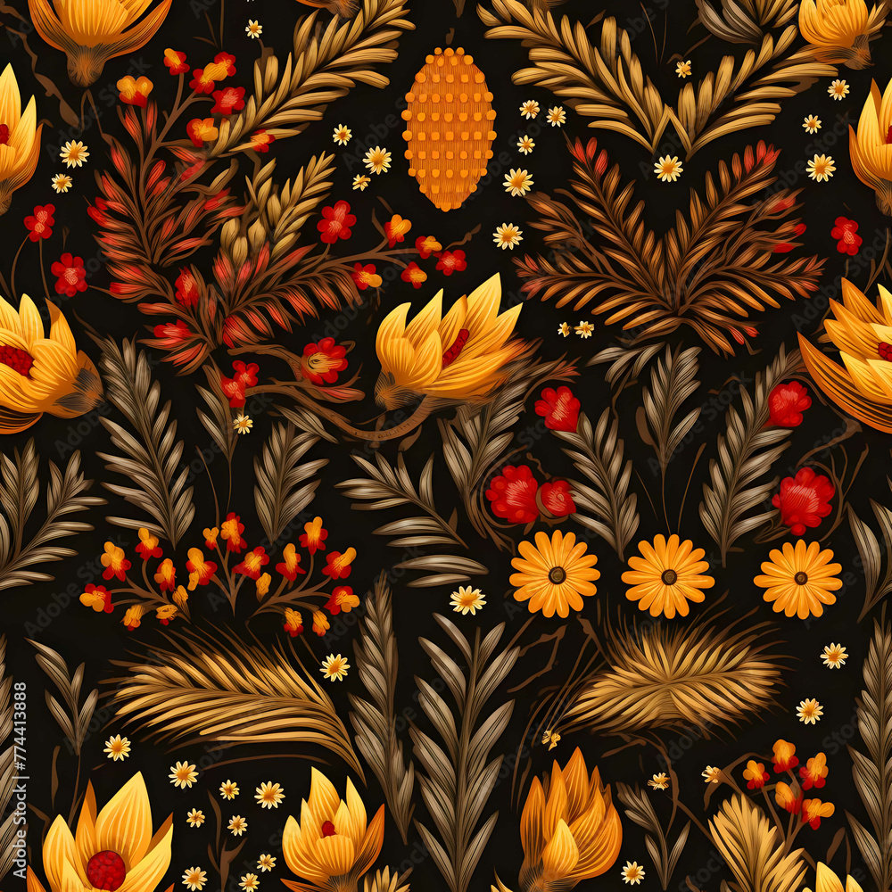 embroidered thanksgiving pattern in fall colors in embrodery art style, high detail