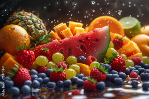 Tropical fruits and mixed berries with splashes of juice. Watermelon  banana  pineapple  strawberry  orange  mango  lime  blueberry  grapes  apple. 3d modern realistic set. High quality 50mb EPS.