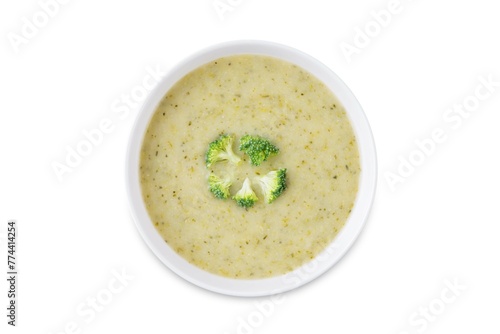 Broccoli potato soup in a bowl on a white isolated background