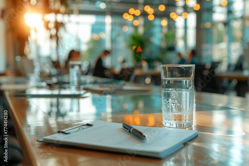 Business Meeting Setup with a Focused Glass of Water