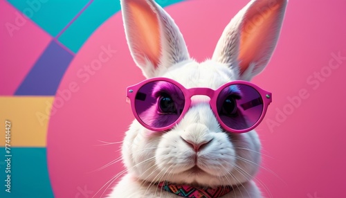 A whimsical image of a rabbit donning pink sunglasses and a colorful necklace against a multicolored geometric background.