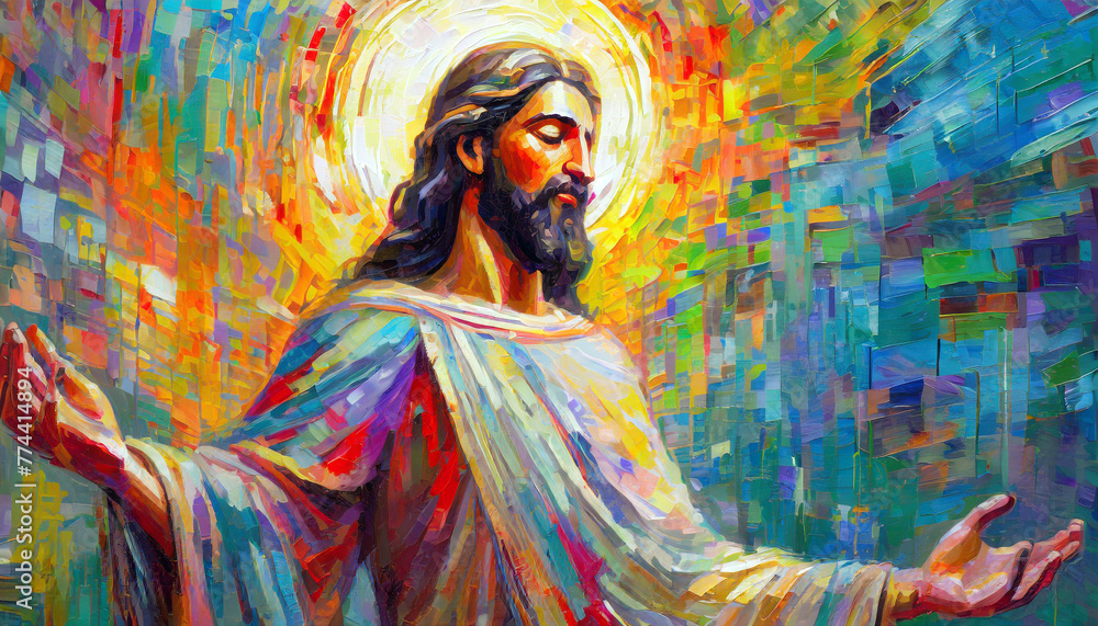 Colorful digital impasto style oil painting of Jesus. Generative AI.