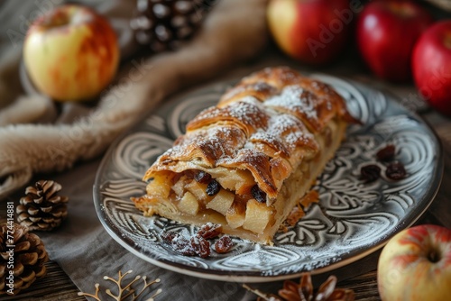 Classic Bavarian apple strudel with baked apples and raisins served on a Nordic plate photo