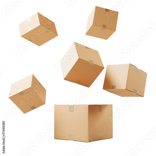 3d cardboard boxes falling, Business e-commerce online shopping concept with a group of product box order falling . Marketplace and transport. transparent background
