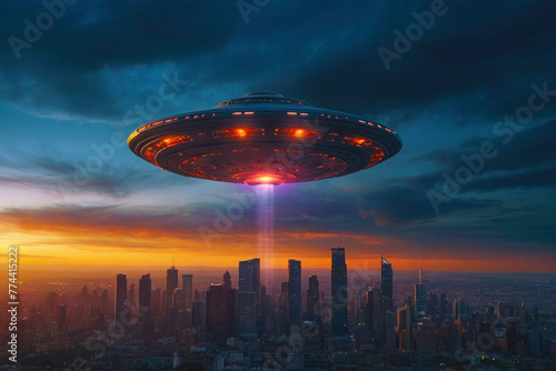 Fantasy ufo spaceship metropolis fantastic, great design for any purposes. Neon picture.