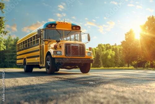 Clean sunny background with school bus on blacktop photo