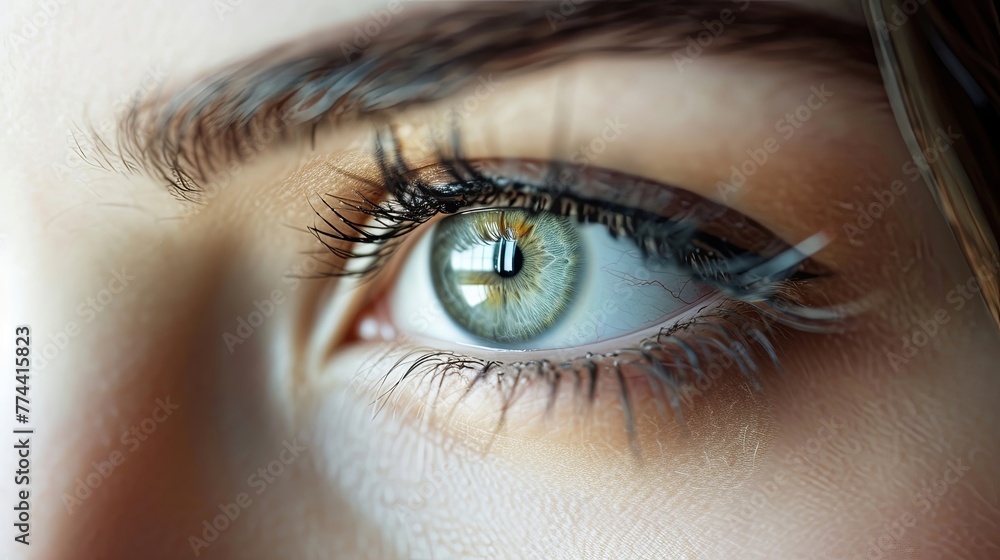 Obraz premium Close-up of a girl's eye, eyebrows and eyelashes. Concept vision, treatment, ophthalmologist, glasses, lenses, correction, health, illness, doctor,operation, control, laser, ophthalmologist.