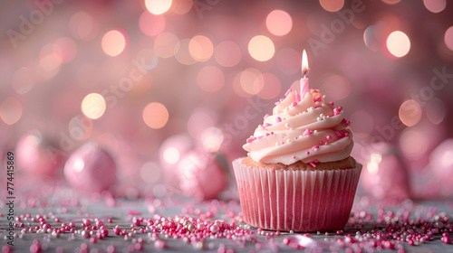 Birthday Cupcake with Candle on Pink Background with Blu       