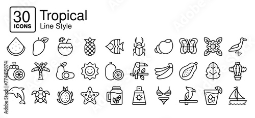 Tropical icons in outline style. Collection of Tropical, Summer, Nature, Icon set in Line Style. Simple vector editable stroke, easy to use