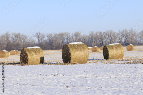 hay bales in the field with snow