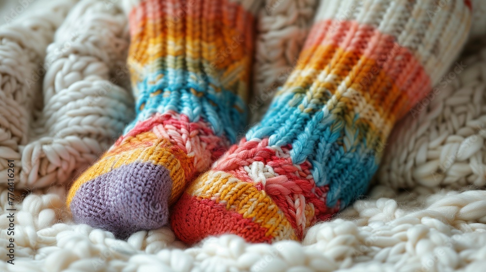 Delicate Details of Baby's Feet in Colorful Socks, generative ai