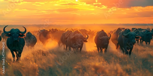 African buffalo herd running through savanna . Concept Wildlife Photography, African Animals, Safari Adventure