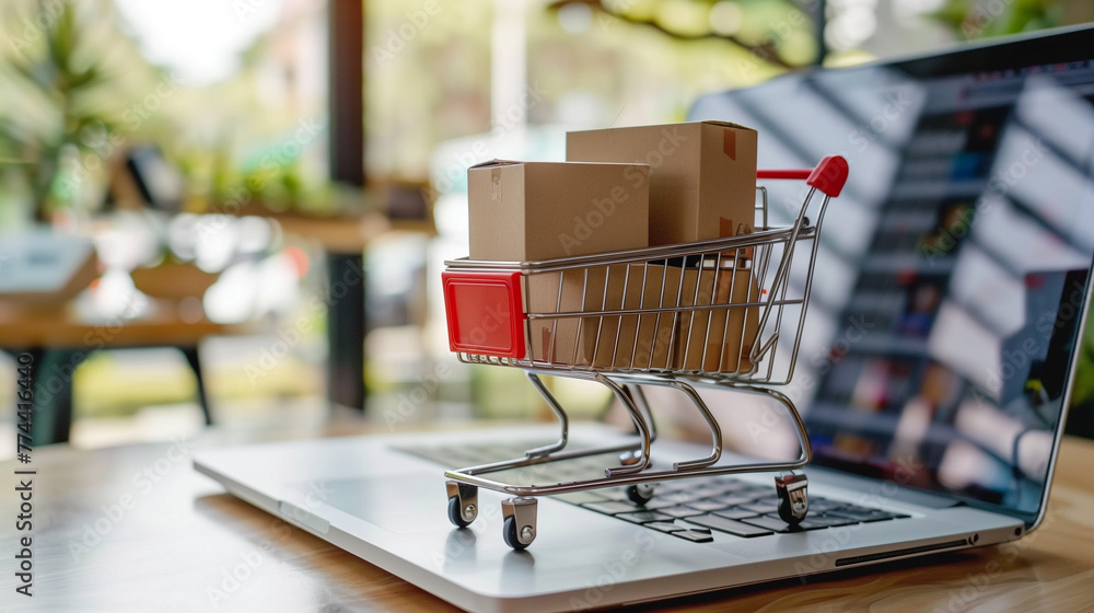 Enter the world of online shopping with our captivating image featuring a laptop and a cart brimming with boxes. Explore convenience and choice at your fingertips!