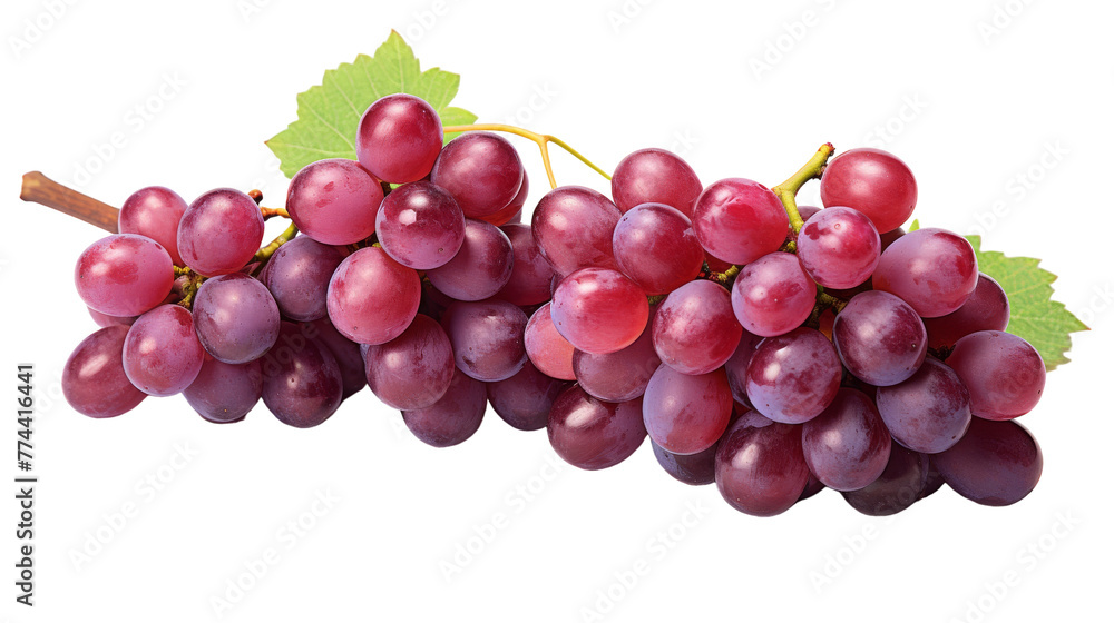 Bunch of grapes adorned with vibrant green leaves on a pristine white background