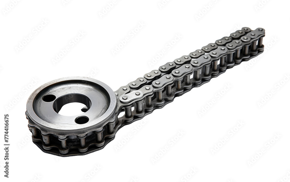 A motorcycle chain is delicately displayed on a white background A motorcycle chain is delicately displayed on a white background