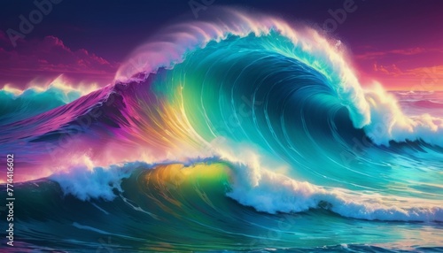A hyper-realistic, digitally created wave with neon hues radiating through its crest against a sunset sky.