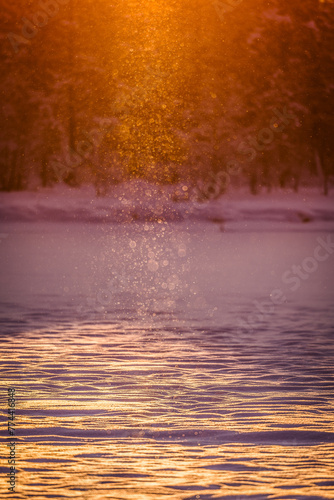 Flocons de neige qui tombent le matin au lever du soleil sur un lac gelé en Laponie en Suède photo
