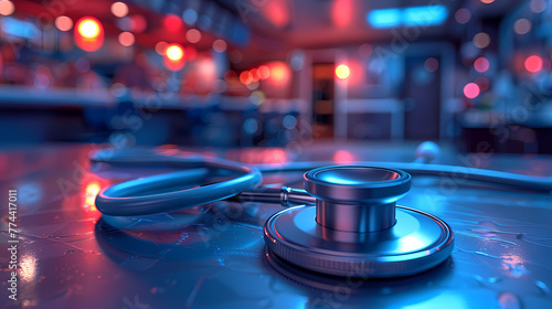 A medical stethoscope laying on an illuminated glossy table with a mysterious, vibrantly blue background photo