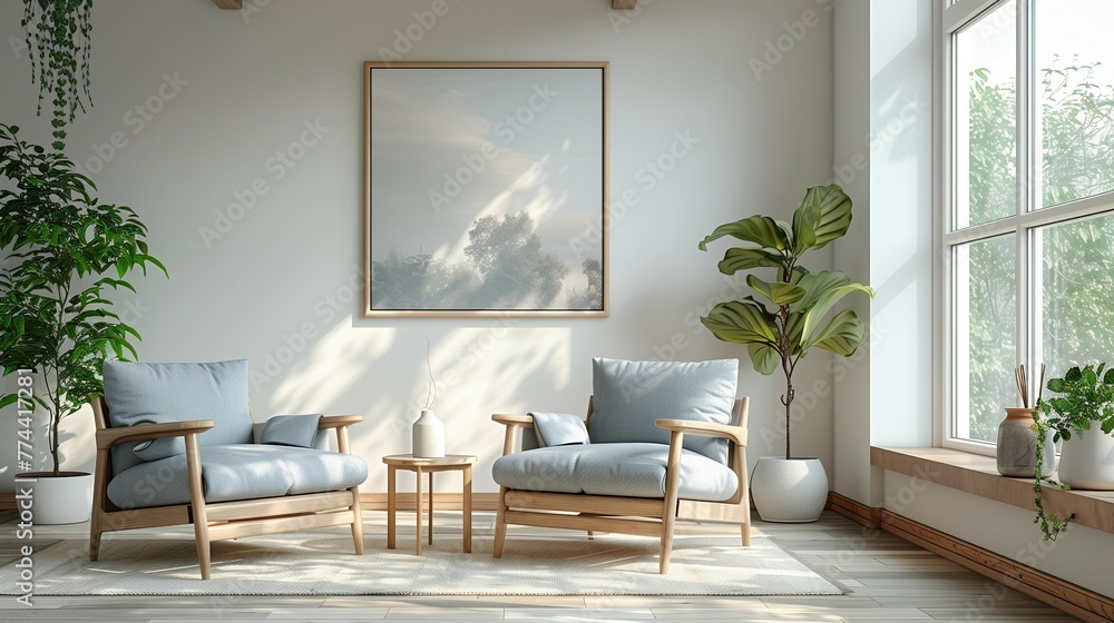 Modern Scandinavian Living Room with Soft Blue Armchair, generative ai Modern Scandinavian Living Room with Soft Blue Armchair, generative ai