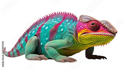 A vibrant chameleon displaying a rainbow of colors while sitting on a white background