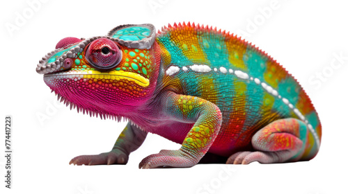 A colorful chameleon blends into its surroundings as it sits on a white surface