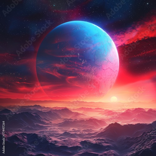 A large blue planet is surrounded by mountains and a red sun