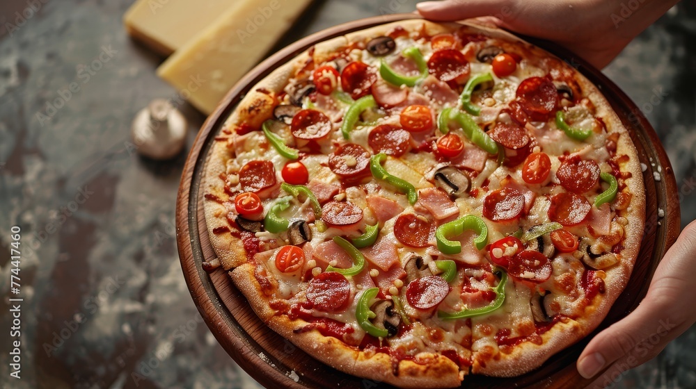 A person is holding a pizza with lots of toppings, including pepperoni