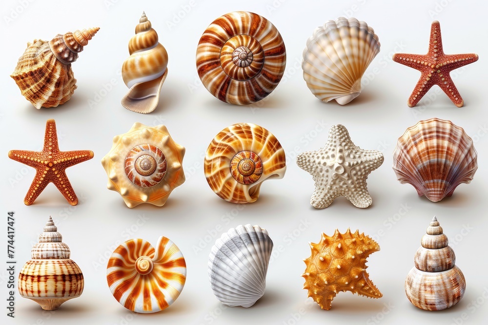 An icon set showing shells, snails, mollusks, starfish, and sea horses in 3D - obrazy, fototapety, plakaty 