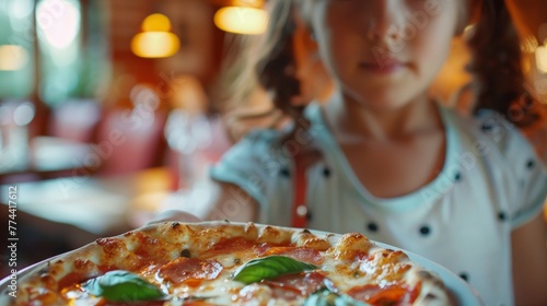 A young girl is holding a pizza in front of her