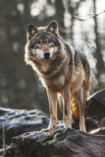 A wolf is standing on a rock  looking at the camera