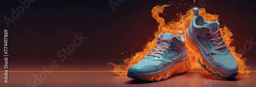 White sneakers in a bright orange flame on a brown monochrome background photo