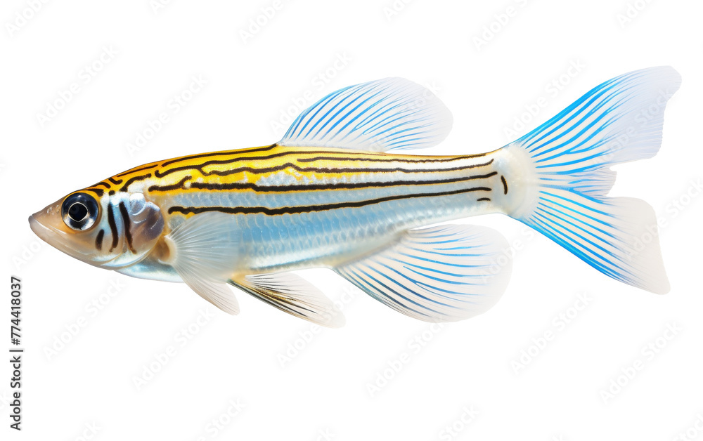 A vibrant yellow and blue striped fish swimming gracefully against a clean white background A vibrant yellow and blue striped fish swimming gracefully against a clean white background