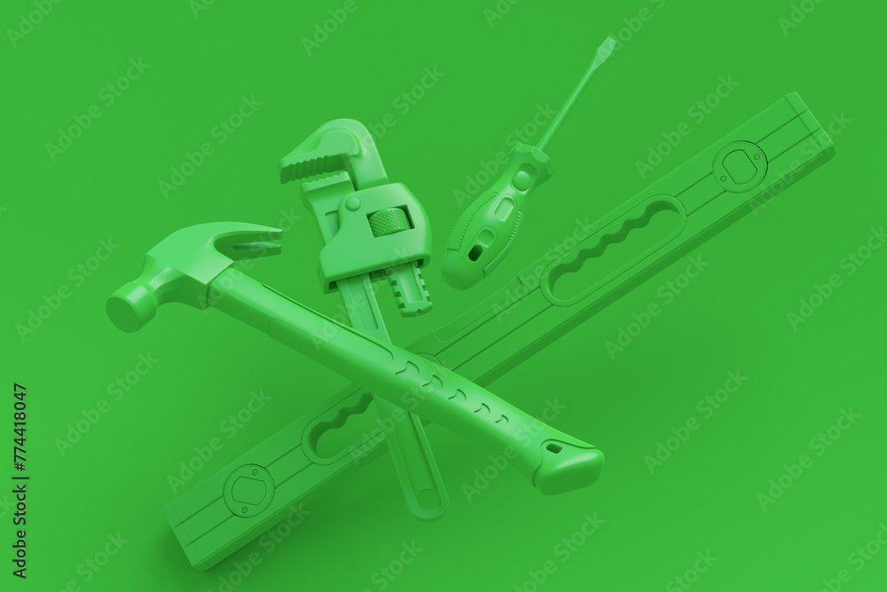 Flying view of monochrome construction tools for repair on multicolor background Flying view of monochrome construction tools for repair on multicolor background