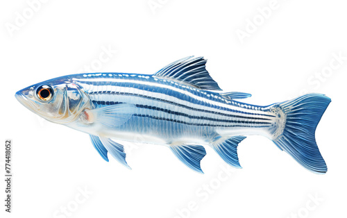 A vibrant blue and white striped fish elegantly swims against a pristine white background