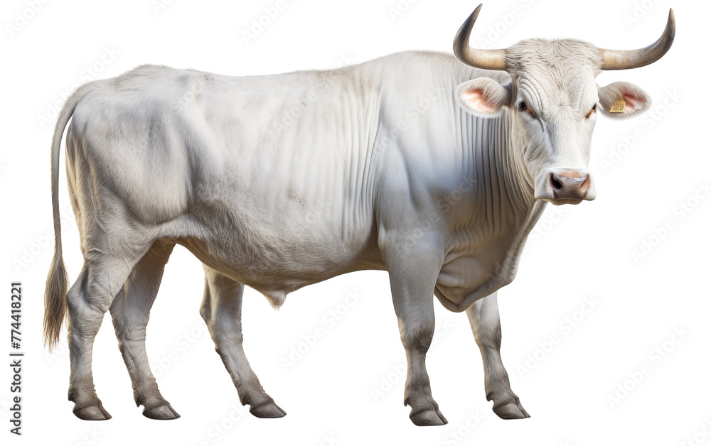 A magnificent white bull with large horns stands gracefully against a white backdrop