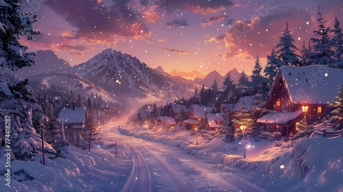 Winter Village Twilight, generative ai © Matus