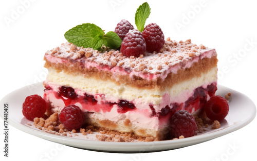 A slice of cake adorned with fresh raspberries and a dusting of powdered sugar