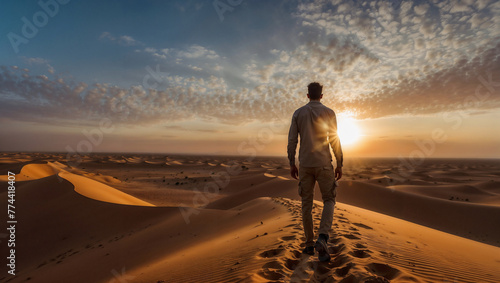 Uomo cammina sulle dune di un deserto al tramonto durante una vacanza
