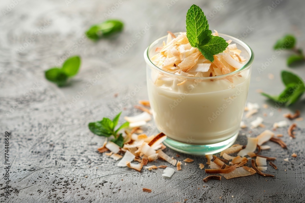 Coconut panna cotta dessert in jar with mint leaves on stone background vegan sweet treat Coconut panna cotta dessert in jar with mint leaves on stone background vegan sweet treat