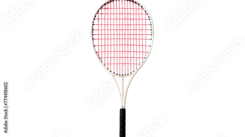 A tennis racket gracefully poised against a pristine white backdrop © Rehan