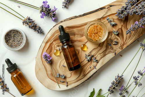 Oil for skin care, herbal medicine, aromatherapy, naturopathy, cosmetics from natural ingredients, herbs, in glass jars and test tubes on a light background, natural cosmetics