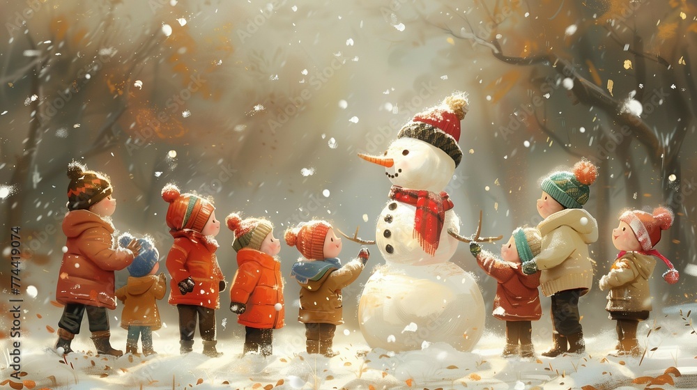 Pastel Christmas Joy: Kids Making Snowman, generative ai