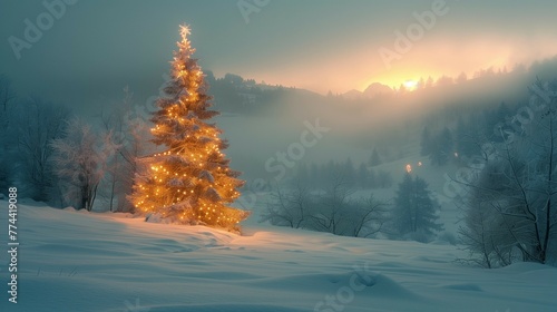 Glowing Christmas Tree in Snowy Dusk, generative ai