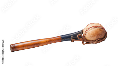 A baseball bat rests beside a baseball inside a glove